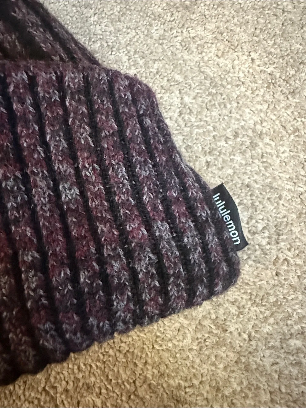 Lululemon‎ Black Burgundy Fleece Lined Foldover Pom Pom Beanie